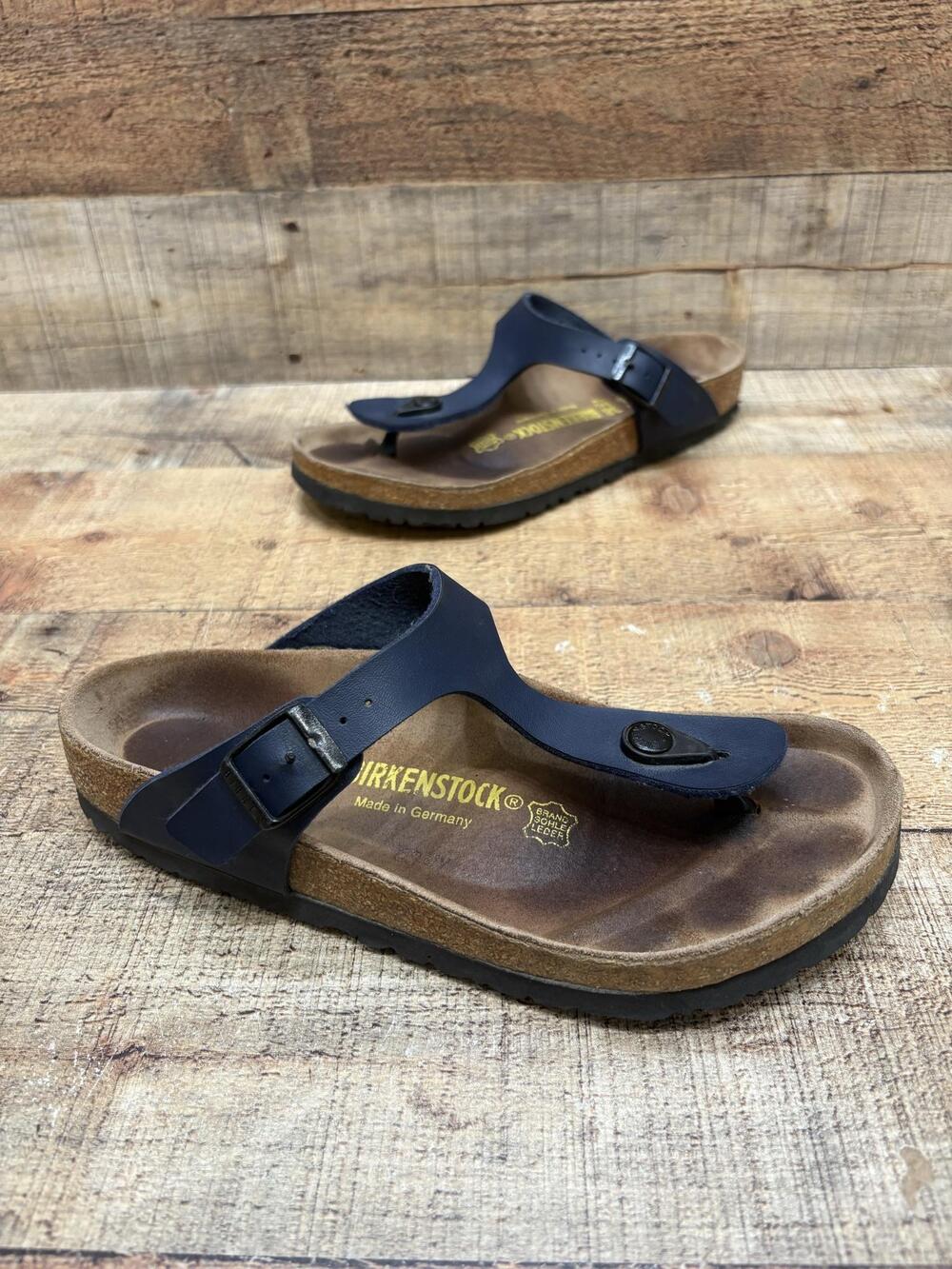 Birkenstock Gizeh Sandals Womens Size 7 38 Blue Leather Thong Cork Damage Shoes